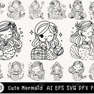 Zeemeermin cartoon SVG-bundel, oceaandieren, schelpen clipart voor Cricut, schattige zeemeermin SVG, handgetekende stijl, zeemeermin bundel