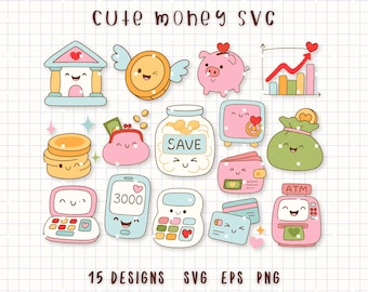 Cute Money SVG Bundle, Kawaii Finance Clipart Set, Savings Piggy Bank Wallet ATM Doodle, Budget Planner Icons for Cricut and Crafts