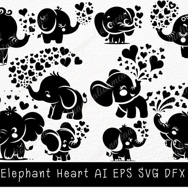 Elephant Blowing Hearts Svg, Cute Elephant Svg, Baby elephant, Baby Shower Cut File, Animal Silhouette, Cut File Cricut