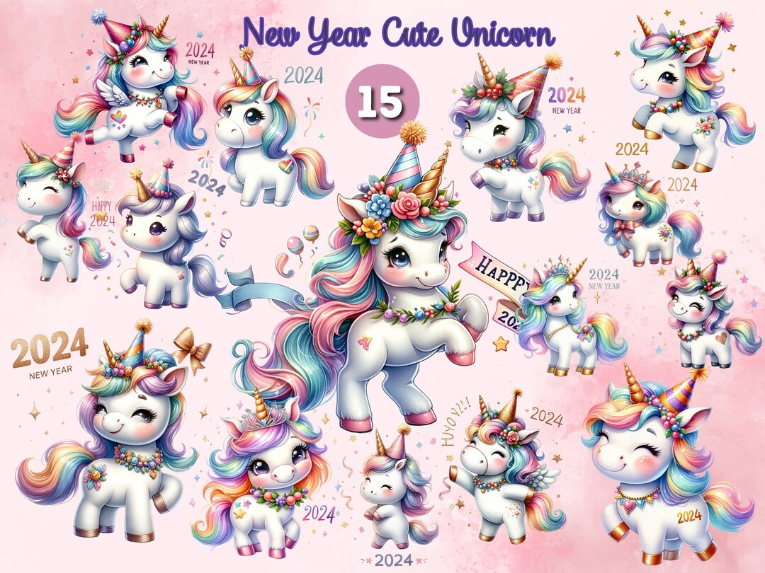 Watercolor Cute Unicorn Clipart Celebrate the New Year - Etsy