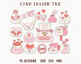 Liebesbrief SVG Bundle, süße Kawaii Valentine Mail Clipart, romantische Umschlag Herz Schreibmaschine Briefkasten Doodle Set für Cricut & Crafts