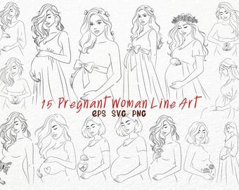 Pregnant Woman Line Art SVG Set, Minimal Maternity Clipart, Elegant Motherhood Outline for Baby Shower and Wall Art Designs