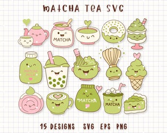 Matcha-Tee SVG-Bundle, süßes Kawaii Matcha-Clipart-Set, Grüner Tee Boba Donut Eis Doodles, Pastell Matcha Drink SVG Handwerk