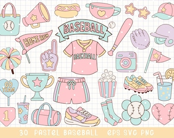 Pastell Baseball Clipart, Kawaii Sport zwart, niedliches Baseball Bundle, Softball Spiel Clipart, Mädchen Sport Illustrationen, pastel Sportliche Grafiken