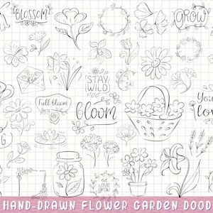 Hand Drawn Flower Garden Doodles, 40 Spring Floral Clipart PNG SVG, Botanical Sketch Bundle, Cottagecore Planner Stickers & Sublimation