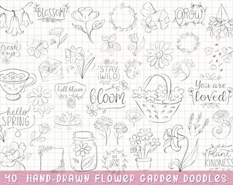 May include: A collection of 40 hand-drawn flower garden doodles in black ink. The illustrations include various flowers, floral arrangements, and phrases like "Bloom", "Hello Spring", and "You are loved". The doodles are on a grid background.