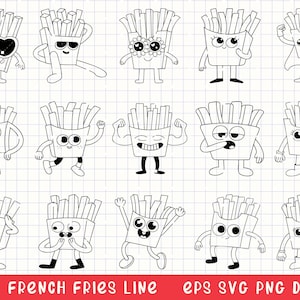 Pommes Linie Art Clipart, Kawaii Fast Food SVG, Kawaii Essen SVG, Fast Food Doodles, niedlicher Snack PNG, lustiges Essen Illustrationen