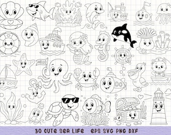 Conjunto de clipart fofo de vida marinha, pacote de arte SVG de animais marinhos, rabiscos marinhos kawaii para artesanato infantil e projetos de sala de aula