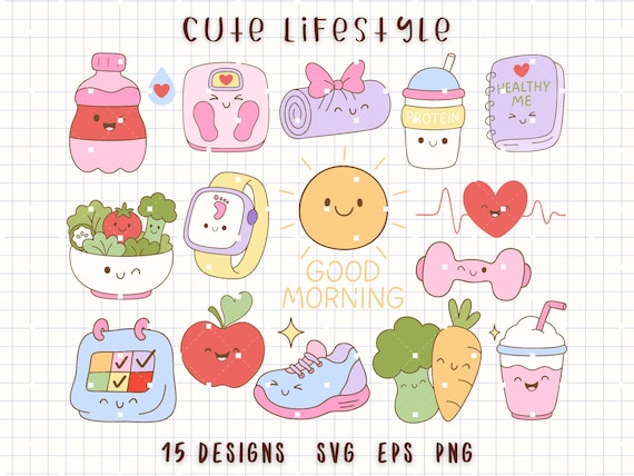 Cute Lifestyle SVG Bundle, Healthy Morning Clipart, Kawaii Fitness Food Icons, Wellness Routine Stickers, Self Care SVG