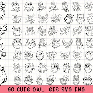 Paquete de imágenes prediseñadas de búho lindo, búho SVG, animal del bosque SVG, búho PNG lindo, arte de búho dibujado a mano, gráficos de búho de dibujos animados, garabatos de búho