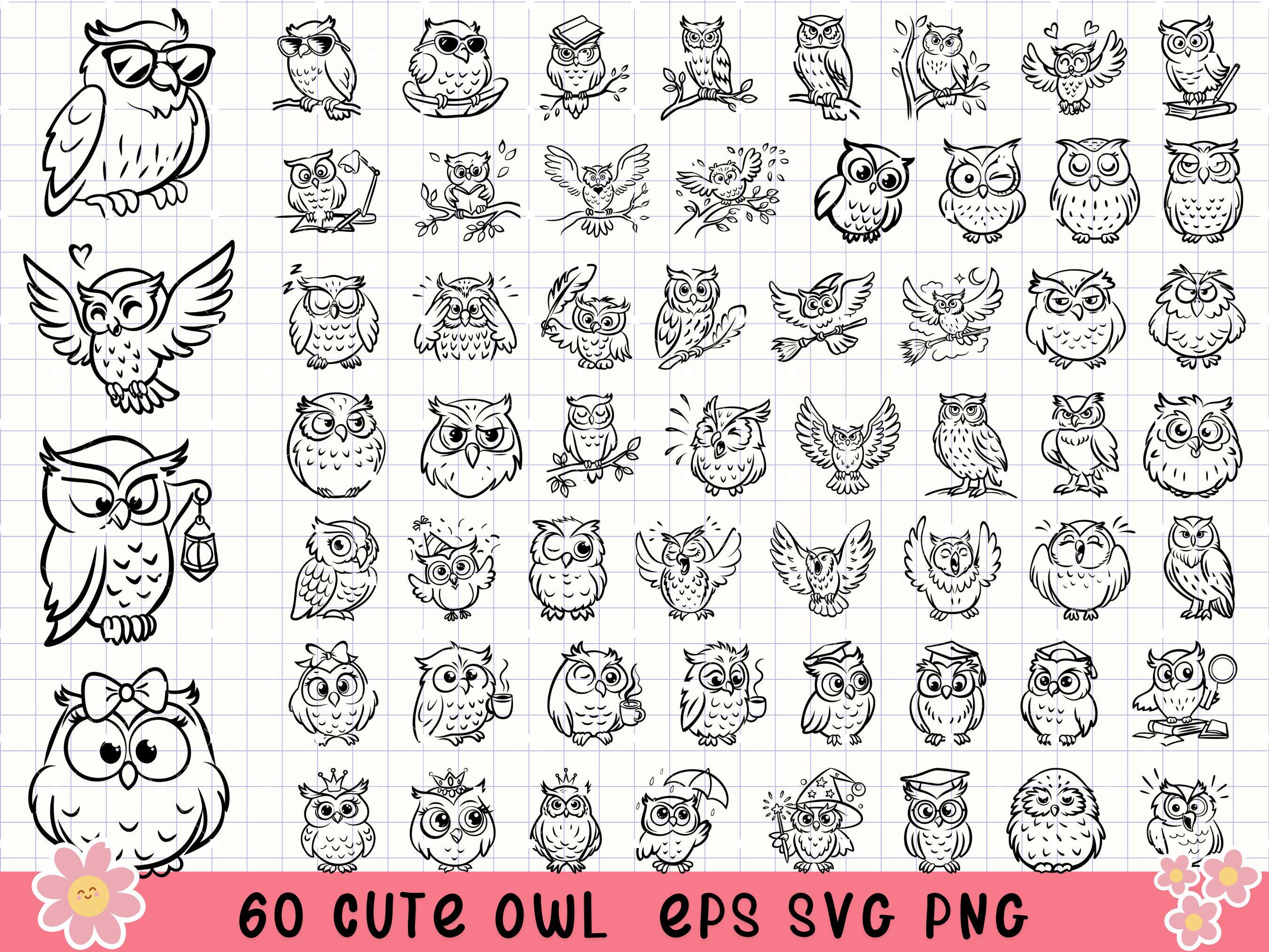 Cute Owl Clipart Bundle, Owl Svg, Woodland Animal SVG, Cute Owl PNG, Hand Drawn Owl art, Cartoon Owl