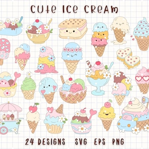 Zestaw grafik z lodami, słodki deser SVG PNG EPS, ilustracja kawaii z lodami, zestaw grafik z rożkami lodowymi i słodkimi przekąskami