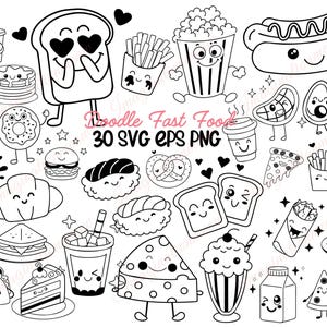 30 doodle fastfood SVG ontwerpen, schattige kawaii eten clipart bundel, junkfood SVG, party food SVG, doodle zeer fijne tekeningen, hand tekenen SVG