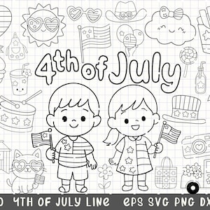 4 luglio Line Art, pacchetto SVG patriottico, clipart bambini USA, arte di luglio in bianco e nero, simpatici scarabocchi americani, file SVG del 4 luglio