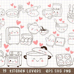 Clipart de cozinha kawaii, SVG fofo de culinária, gráficos de comida alegre para adesivos de planejador, cartões de receita e artesanato Cricut