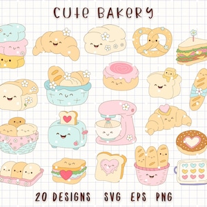 May include: A collection of 20 cute bakery-themed designs, including bread, croissants, a pretzel, and a sandwich, all with smiling faces. The designs are in pastel colors and include a mixer and a toaster. The text "CUTE BAKERY" is at the top.