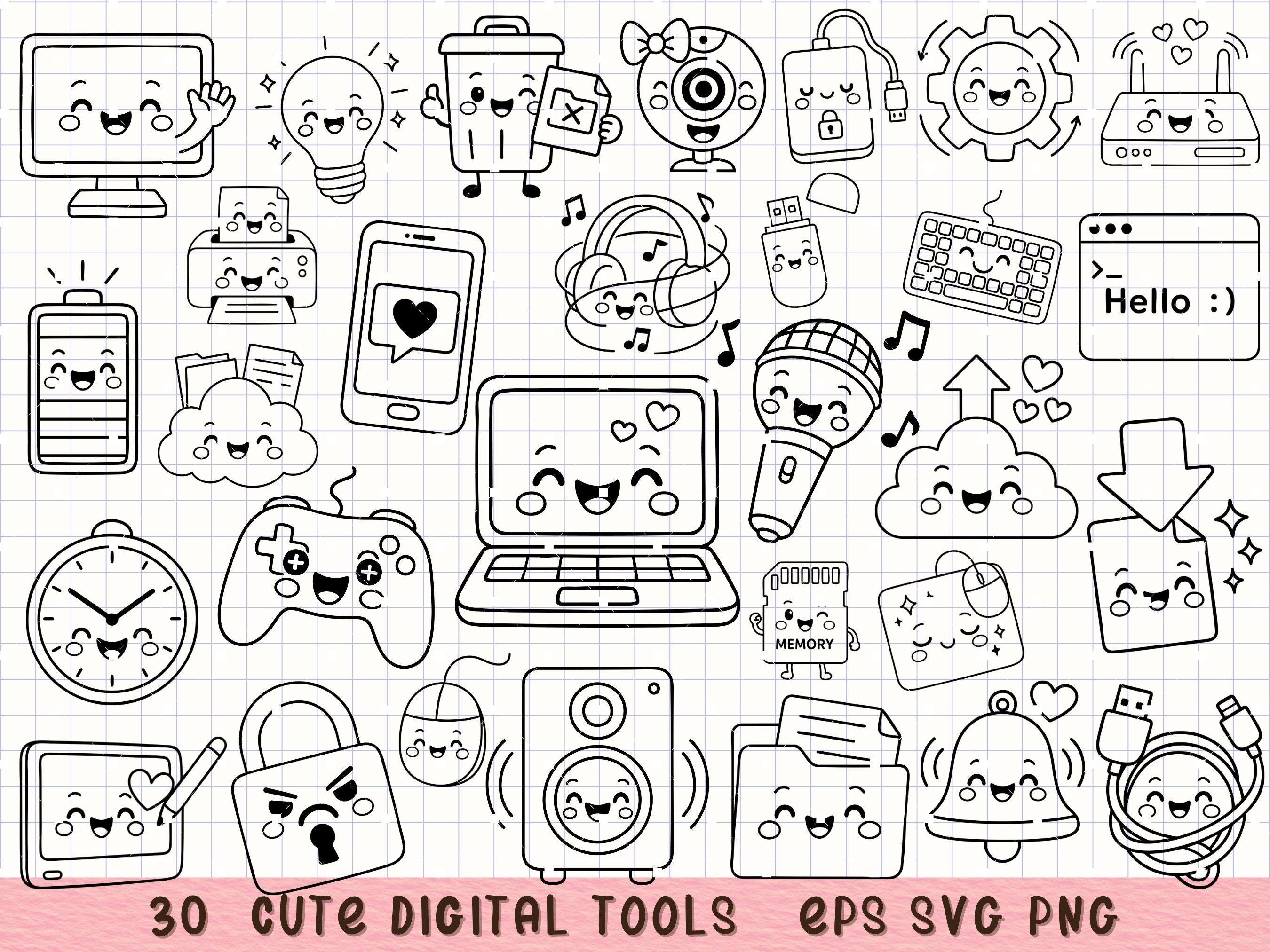30 Cute Digital Tools SVG PNG Bundle – Kawaii Tech Clipart for Stickers ...