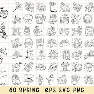 Bundle de cliparts printemps, Floral SVG, Clipart Pâques, PNG jour de pluie, jardin Doodle, art au trait dessiné à la main