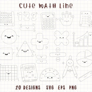 May include: A collection of black and white line drawings of maths-related items, such as an abacus, numbers, calculator, and geometric shapes, each with a smiling face. The image also includes the text "CUTE MATH LINE" and "20 DESIGNS SVG EPS PNG".