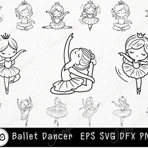 May include: A set of 40 black and white line art illustrations of ballet dancers in various poses. The dancers are wearing tutus and crowns. The illustrations are ideal for creating digital or physical crafts, such as greeting cards, invitations, or scrapbooking.