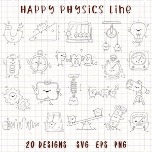 Könnte beinhalten: Eine Sammlung von 20 schwarz-weißen Strichzeichnungen mit dem Titel HAPPY PHYSICS LINE, die anthropomorphe physikalische Objekte wie einen Magneten, eine Glühbirne, ein Teleskop, Zahnräder und Formeln wie F=MA und E=MC2 auf einem Rasterhintergrund zeigen.
