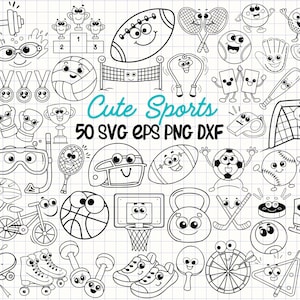 Clipart esportivo fofo, pacote de esportes SVG, futebol SVG, gráficos de basquete e fitness, Doodle SVG, arte de linha desenhada à mão