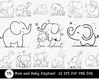Mom & Baby Elephant SVG, Sweet Mama and Baby Elephant Cut File, Mother&#39;s Day Gift, Baby Shower SVG, Elephant Family Outline