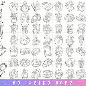 60 Retro Cafe SVG – handgetekende vintage coffeeshop- en bakkerij-clipart voor gezellige keuken en ambachtelijke projecten