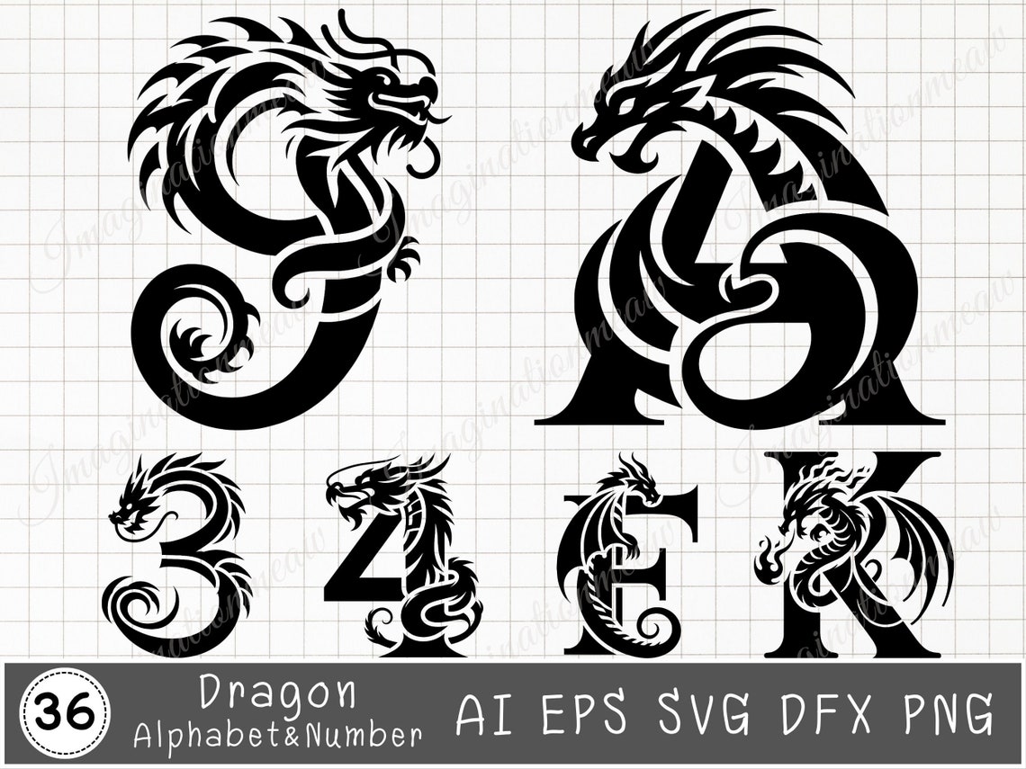 Alfabeto y números de dragón Svg, Monograma de letras, alfabeto y ...
