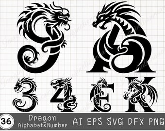 Dragon Alphabet and Numbers Svg, Letter Monogram, alphabet and numbers, Letters Svg, Cut File for Cricut