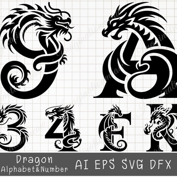 Dragon Alphabet and Numbers Svg, Letter Monogram, alphabet and numbers, Letters Svg, Cut File for Cricut