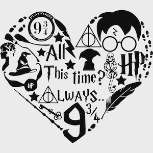 Peut inclure: Un motif graphique noir en forme de cœur représentant des icônes Harry Potter, notamment des lunettes, un éclair, le symbole des Reliques de la Mort, un choixpeau, un balai, une baguette, une clé et le texte "Always..", "9 3/4" et "HP".
