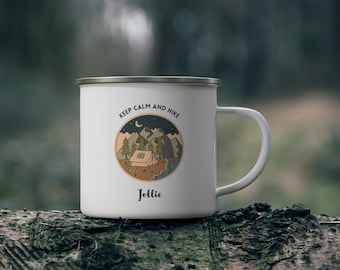 Spersonalizowany kubek kempingowy, Keep Calm and Hike, emaliowany, spersonalizowany na ognisko