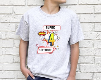 Comic Super 4th birthday shirt, super shirt, superhero party, superhero tshirt, boys birthday shirt, birthday shirt for boys, any birthday