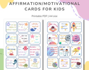 Kid's Affirmation and Motivational Cards - Digital Download | 5 Themed Pages (Sea Creatures, Mermaids, Fairytale, Space, Fruits) | 60 Cards