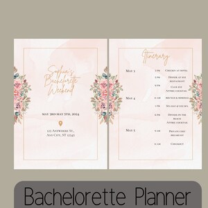 May include: A pink and white watercolor background with floral accents. The text "Sophia's Bachelorette Weekend" is written in gold script. The date "MAY 3RD-MAY 5TH, 2024" is written in black text. The address "123 ANYWHERE ST., ANY CITY, ST 12345" is written in black text. A gold pin icon is next to the address. The text "Itinerary" is written in gold script. The dates "MAY 3", "MAY 4", and "MAY 5" are written in black text. The times and activities for each day are listed below the dates.