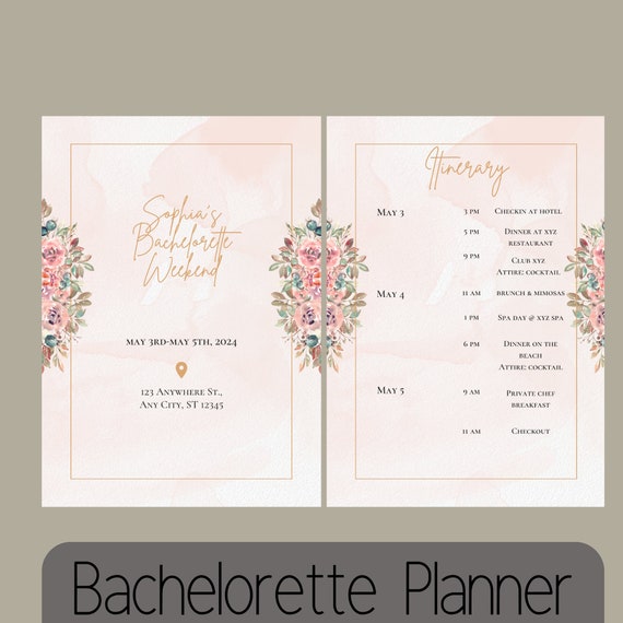 Bachelorette Itinerary Planner | Bachelorette Planner | Editable Bachelorette Planner | Customizable Bachelorette Itinerary