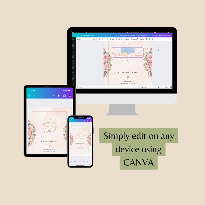 May include: A digital mockup of a pink and gold bachelorette party invitation with floral accents. The invitation includes the text "Sophia's Bachelorette Weekend" and the date "May 13th-May 15th, 2024". The invitation is displayed on a computer screen, tablet, and smartphone.