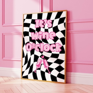 Wine O&#39;Clock Print: Pink Retro Kitchen Art