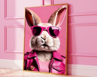Könnte beinhalten: Ein rosa Kaninchen mit rosa Sonnenbrille und einer rosa Lederjacke. Das Kaninchen schaut direkt in die Kamera.