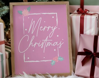 Pink Merry Christmas Print, christmas prints, pink christmas, mint christmas wall art, pink christmas decor, merry christmas artwork