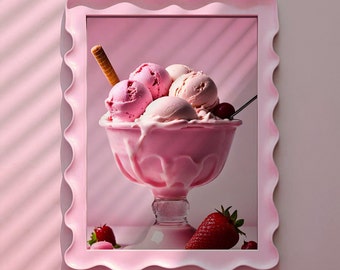 Pink Ice Cream Sundae Print: Kitchen Food Art, Colourful Wall Decor