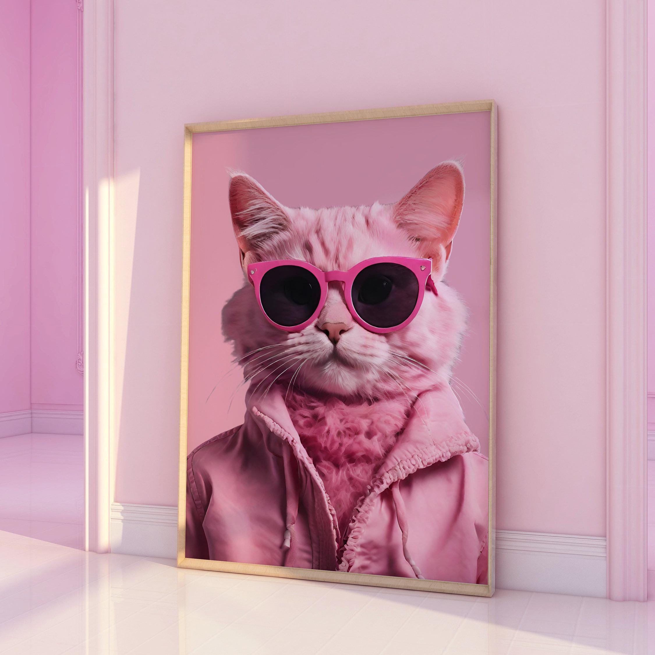 Cool Pink Kitty Cat in Sunglasses Pink, Pink Cat Gift, Cat Lover