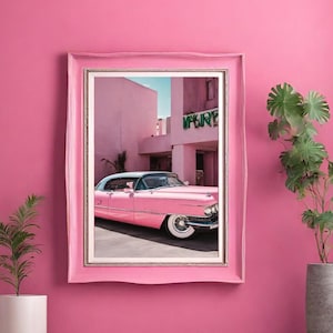 Impresión de coche rosa, arte de pared rosa, decoración del hogar rosa, arte de pared retro, arte de coches antiguos, ilustraciones de coches antiguos, color rosa de coche, imagen de coche rosa