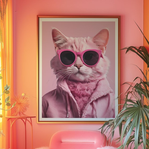 Cool Pink Kitty Cat in Sunglasses Pink, Pink Cat Gift, Cat Lover