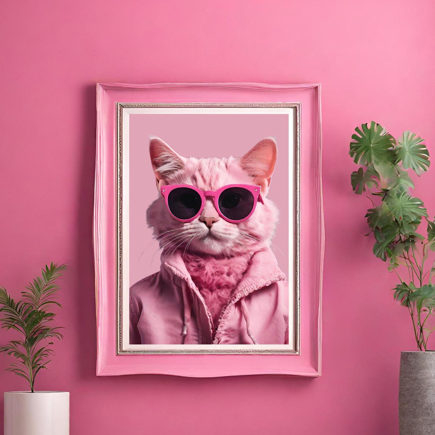 サングラスをかけたクールなピンクの子猫、ピンクの猫のギフト、猫好き