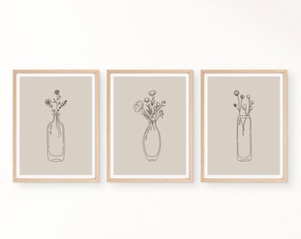 Set of 3 wildflower jars printable wall art, Beige, Living room decor, Digital download