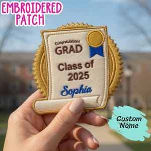 Custom Name With Hat Graduation Embroidered Iron On Cap Patch, Grad 2026, Sew on, Hook and Loop Embroidered Contoured Patch, Gift For Grad