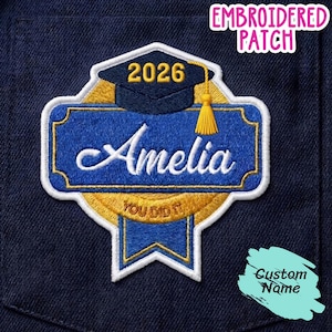 Custom Name With Hat Graduation Embroidered Iron On Cap Patch, Grad 2026, Sew on, Hook and Loop Embroidered Contoured Patch, Gift For Grad