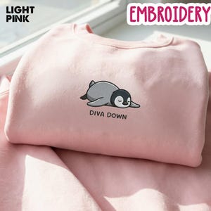 May include: Light pink sweatshirt with an embroidered design of a sleeping penguin. The penguin is gray and black, with the text "DIVA DOWN" below it. The word "EMBROIDERY" is in a pink banner in the top right corner.